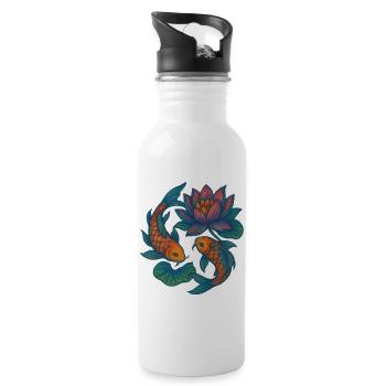 Lebendige Koi- und Lotus-Wasserszene - Trinkflasche mit integriertem Trinkhalm - Weiß - Rechts