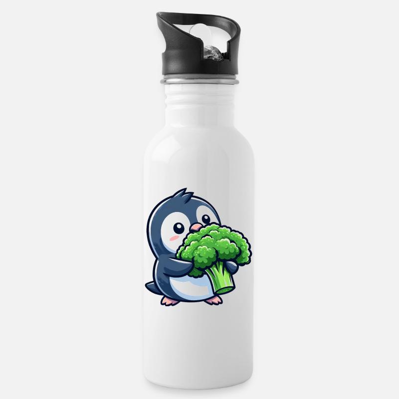 Lustiger Pinguin mit Brokkoli Gemüse Vegan Comic - Trinkflasche mit integriertem Trinkhalm - Weiß