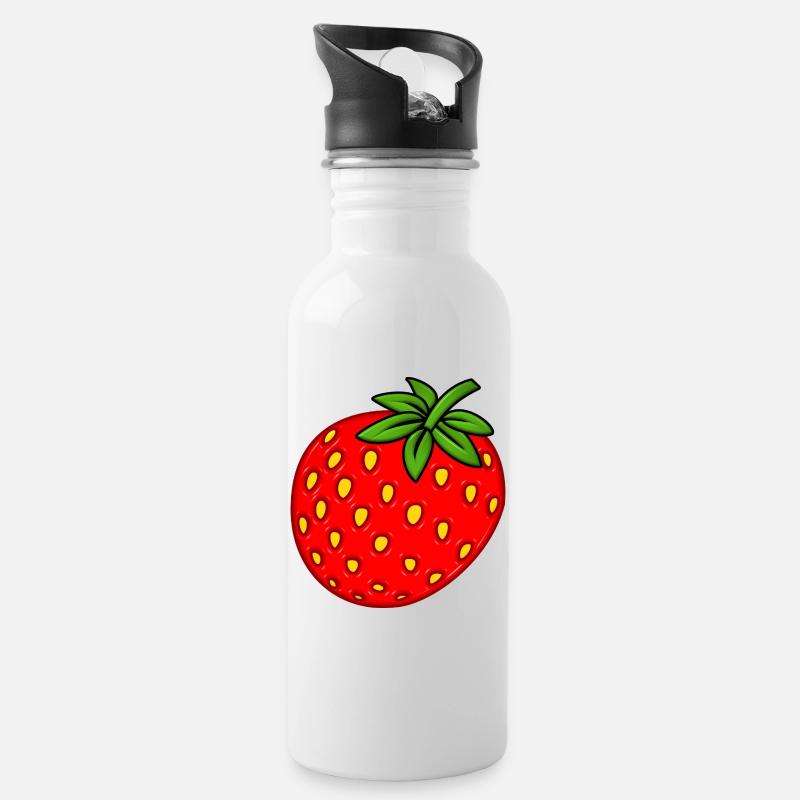 Erdbeere - Trinkflasche mit integriertem Trinkhalm - Weiß