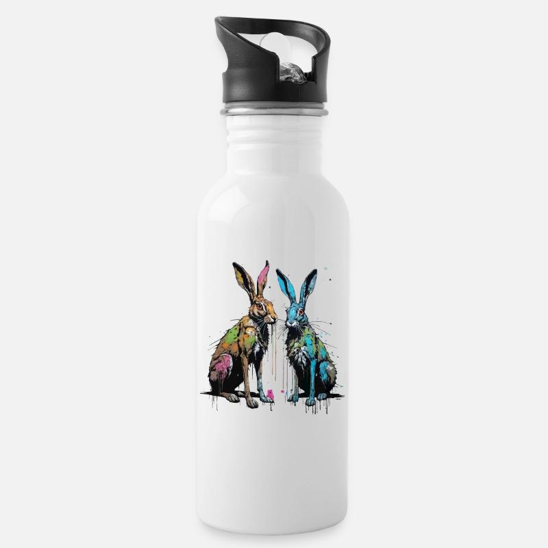 Zwei Street Art Hasen - Trinkflasche mit integriertem Trinkhalm - Weiß