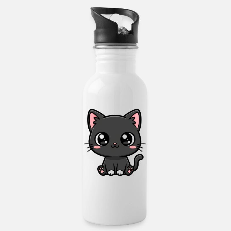 Mitternachtskätzchen-Kawaii-Maskottchen - Trinkflasche mit integriertem Trinkhalm - Weiß