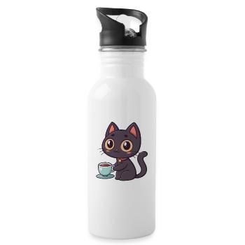 Kawaii-Katze mit Tee - Trinkflasche mit integriertem Trinkhalm - Weiß - Rechts