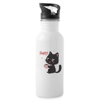 Chat Noir Souriant Café Doux - Gourde avec paille intégrée - blanc - Droite
