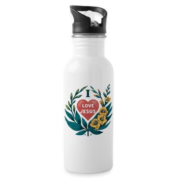 Liebe Jesus Herz Blumenkranz - Trinkflasche mit integriertem Trinkhalm - Weiß - Rechts