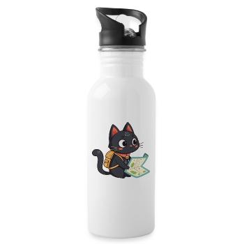 Adventurous Traveler Cat Reading a Card - Water bottle with straw - white - Right