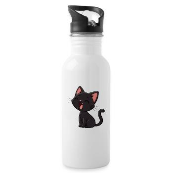 Minimal Laughing Black Kitten - Water bottle with straw - white - Right