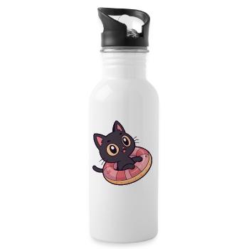 Schwarze Katze auf Donut-Boje - Trinkflasche mit integriertem Trinkhalm - Weiß - Rechts
