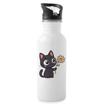 Kawaii Schwarze Katze und Gänseblümchen - Trinkflasche mit integriertem Trinkhalm - Weiß - Rechts