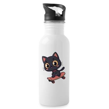 Chat Noir sur Skateboard Cartoon - Gourde avec paille intégrée - blanc - Droite