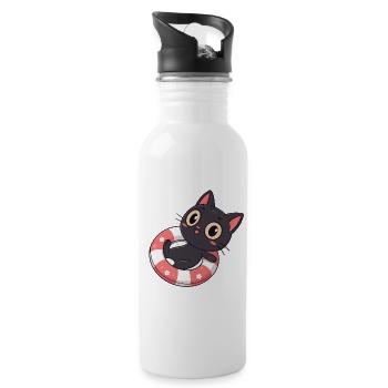 Schwarze Katze auf Bojenblüten - Trinkflasche mit integriertem Trinkhalm - Weiß - Rechts