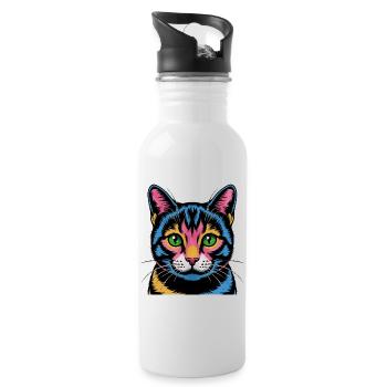 Bunte Pop-Art Katze Neonblick - Trinkflasche mit integriertem Trinkhalm - Weiß - Rechts