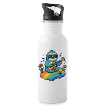 Hippie sloth with guitar on rainbow cloud - Water bottle with straw - white - Right
