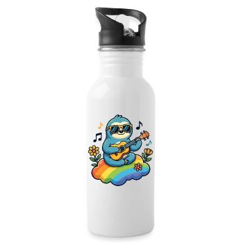 Sloth with guitar on rainbow cloud hippie - Water bottle with straw - white - Right