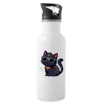 Neonschwarze Katze und Brille - Trinkflasche mit integriertem Trinkhalm - Weiß - Rechts