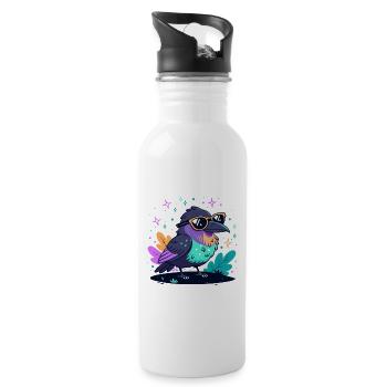 Colorful Raven with Glasses - Water bottle with straw - white - Right