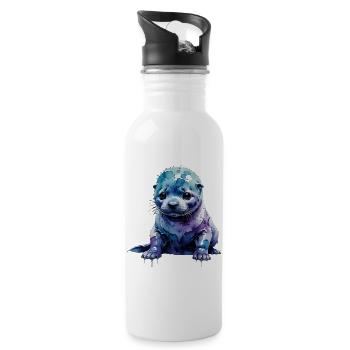 Aquarell-Seehundjunge Blauviolett - Trinkflasche mit integriertem Trinkhalm - Weiß - Rechts