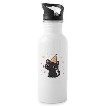 Black Cat Party and Stars - Water bottle with straw - white - Right