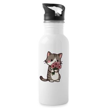 Katze mit Blumen - Trinkflasche mit integriertem Trinkhalm - Weiß - Rechts