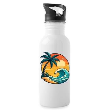 Palm Tree Sun Wave Vacation Summer Beach Shirt - Water bottle with straw - white - Right