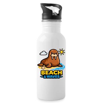 Walross am Strand: Beach & Waves - Trinkflasche mit integriertem Trinkhalm - Weiß - Rechts