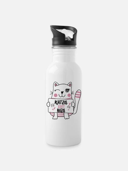 Katzis statt Nazis - Trinkflasche mit integriertem Trinkhalm - Weiß