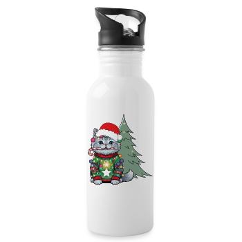 Weihnachtskatze mit Lichtkette - Trinkflasche mit integriertem Trinkhalm - Weiß - Rechts