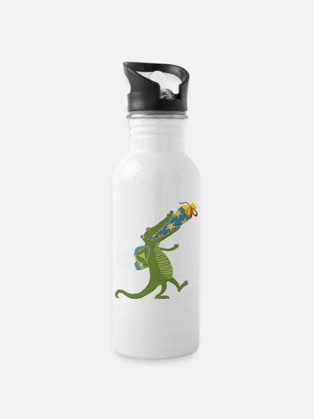 Schulkrokodil - Trinkflasche mit integriertem Trinkhalm - Weiß
