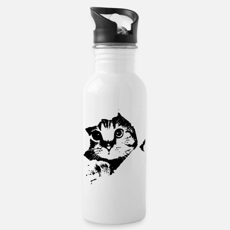Katze - Trinkflasche mit integriertem Trinkhalm - Weiß
