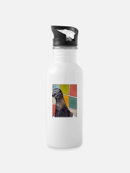 Gustav Stadttaube niedliche Taube - Trinkflasche mit integriertem Trinkhalm - Weiß