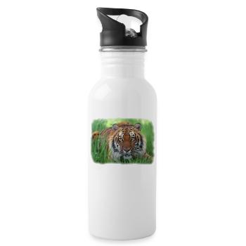 Tiger im Gras - Trinkflasche mit integriertem Trinkhalm - Weiß - Rechts