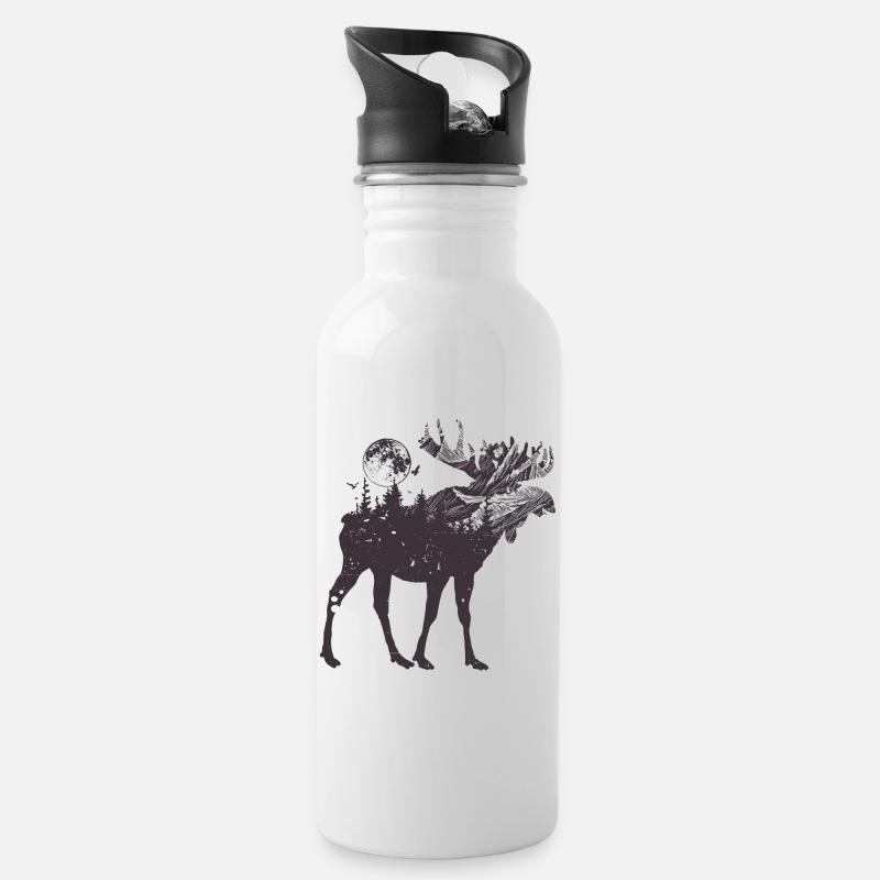 Mondbeschienener Elchwald-Silhouette - Trinkflasche mit integriertem Trinkhalm - Weiß