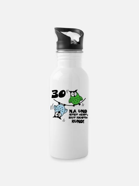 Geburtstag 30, Eulen am Drahtseil, rund - Trinkflasche mit integriertem Trinkhalm - Weiß