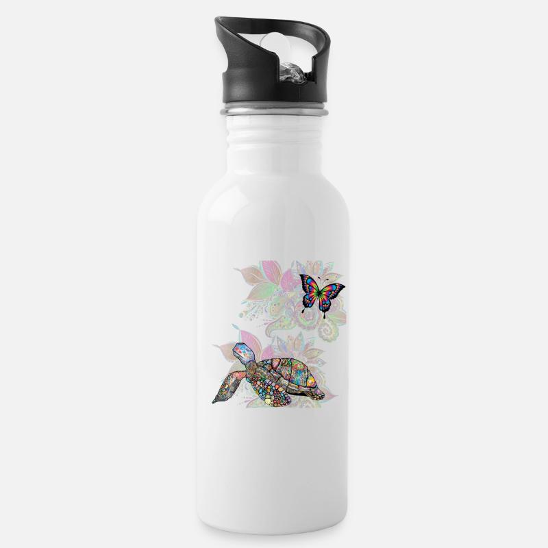 turtle and butterfly - Water bottle with straw - white