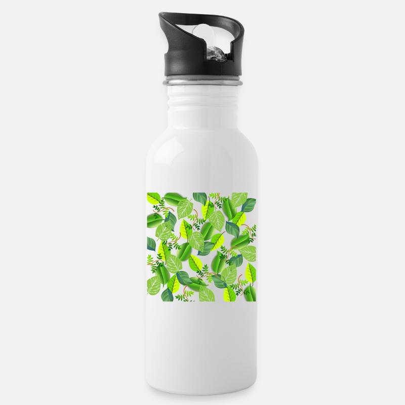 Green leaf collage - Water bottle with straw - white