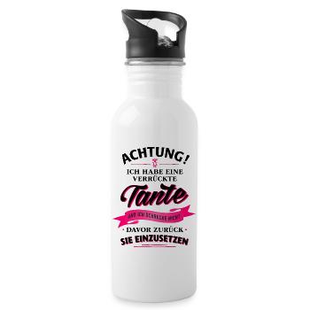 Achtung! verrückte Tante Verwandte Familie Kind - Trinkflasche mit integriertem Trinkhalm - Weiß - Rechts