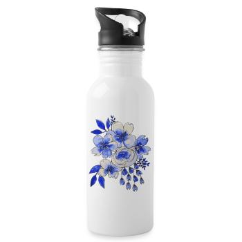 Blau-weißer Blumenstrauß - Trinkflasche mit integriertem Trinkhalm - Weiß - Rechts