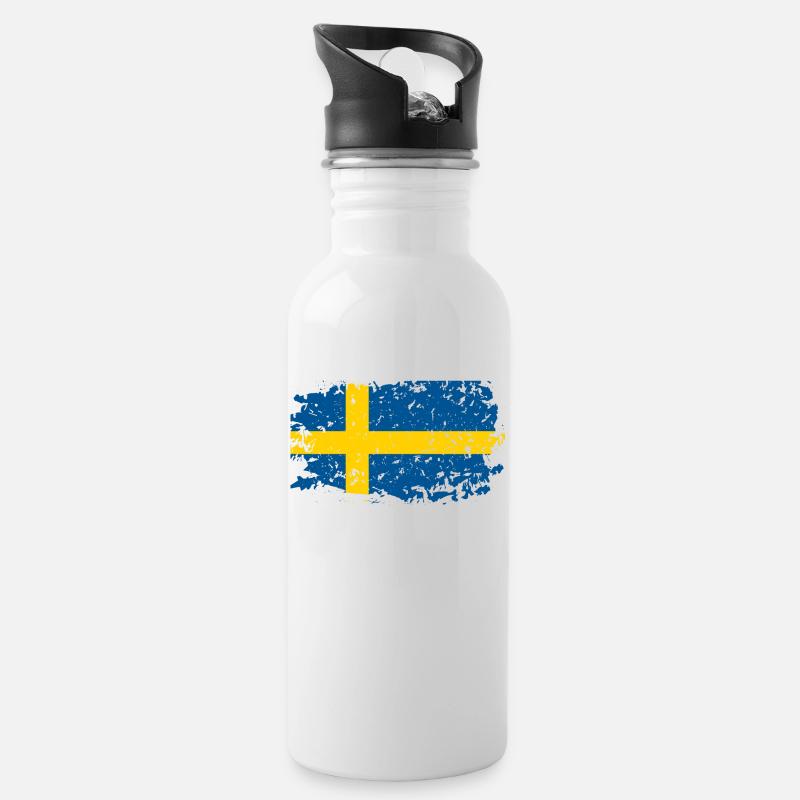 Schwedenflaggeretro - Trinkflasche mit integriertem Trinkhalm - Weiß