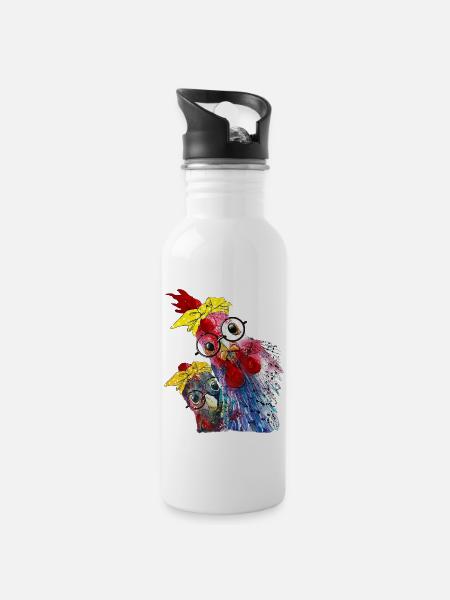 Ein witziges Huhn, Hühnchen, Hähnchen mit Brille - Trinkflasche mit integriertem Trinkhalm - Weiß