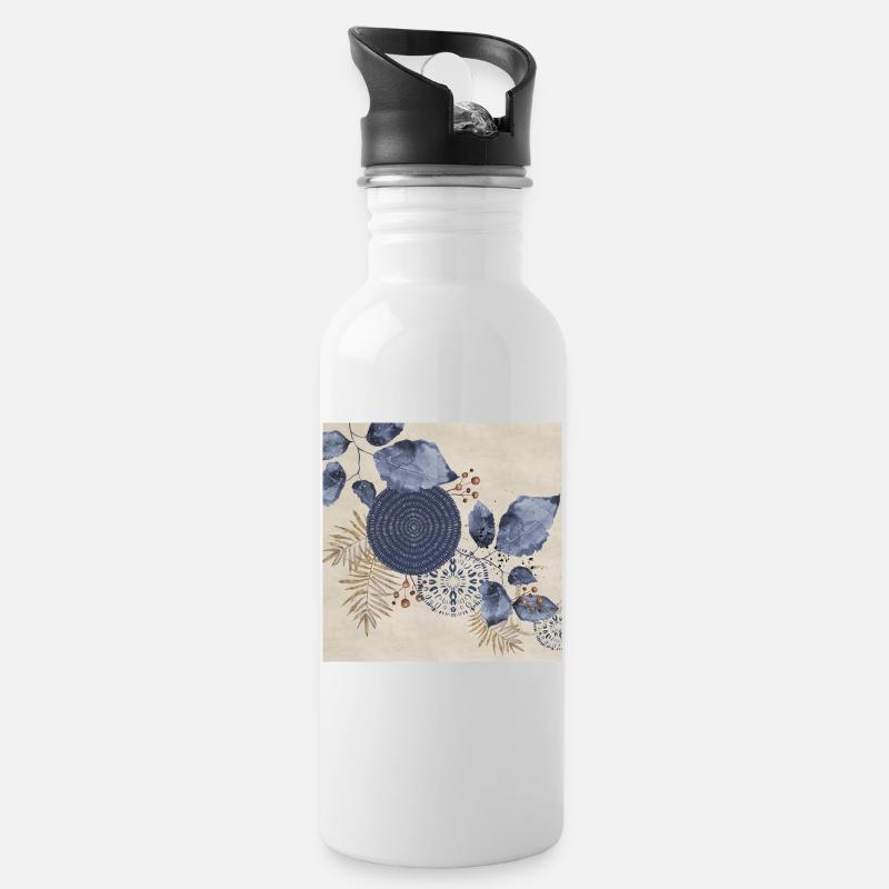 Blaues Art-Deco 3 - Trinkflasche mit integriertem Trinkhalm - Weiß