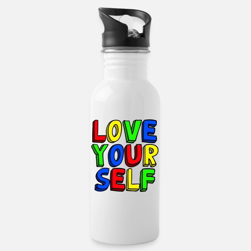 Liebe dich selbst bunte Pop Art - Trinkflasche mit integriertem Trinkhalm - Weiß