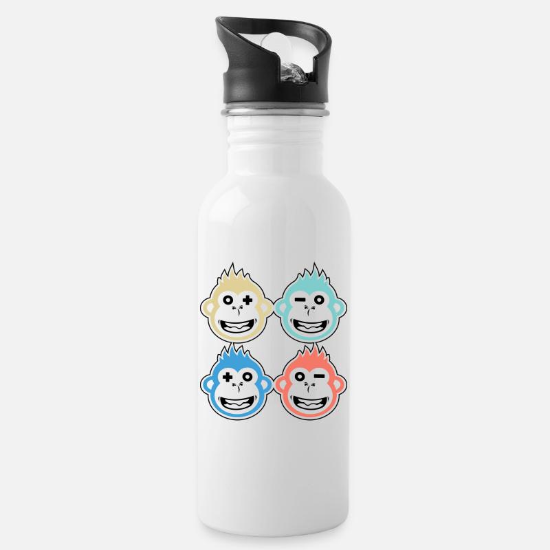 4 glückliche Affen - Trinkflasche mit integriertem Trinkhalm - Weiß