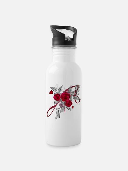 Bouquet argenté de la Saint-Valentin avec des roses - Gourde avec paille intégrée - blanc