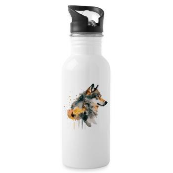 Wolf Aquarell Kunst Kopf Wolfskopf Natur Wildnis - Trinkflasche mit integriertem Trinkhalm - Weiß - Rechts