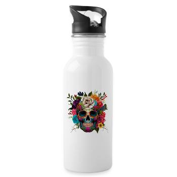 Totenkopf Blumen Bunt - Trinkflasche mit integriertem Trinkhalm - Weiß - Rechts