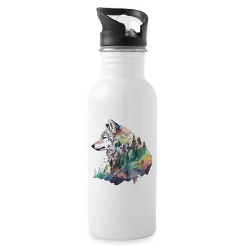 Wolf Wolfskopf Natur Wildnis Wald Bäume Kunst - Trinkflasche mit integriertem Trinkhalm - Weiß - Rechts