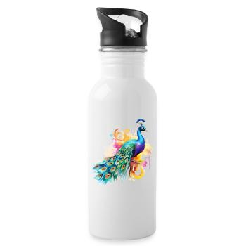Pfau Blumen Pfauenfeder Exotisch Farbenfroh Bunt - Trinkflasche mit integriertem Trinkhalm - Weiß - Rechts