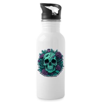 Totenkopf mit lila Blumen - Trinkflasche mit integriertem Trinkhalm - Weiß - Rechts