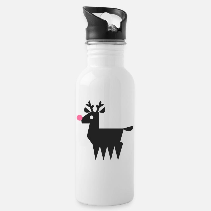 Rentier Rudolf Logo L schwarz mit neonpinker Nase - Trinkflasche mit integriertem Trinkhalm - Weiß