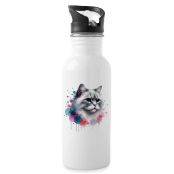 Aquarell Katzenkopf - Trinkflasche mit integriertem Trinkhalm - Weiß - Rechts