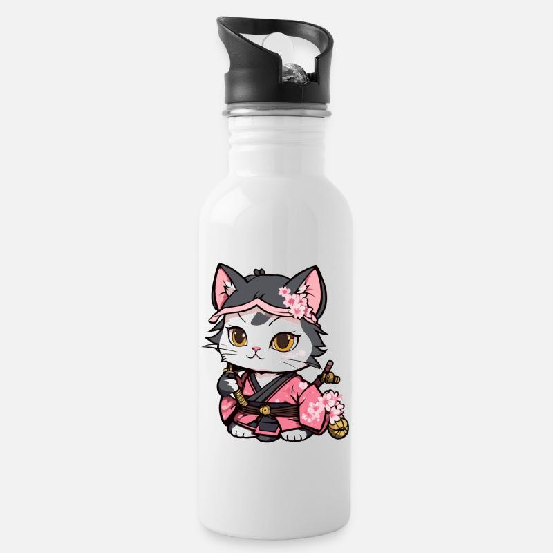 Chat samouraï & fleurs de cerisier #12 - Gourde avec paille intégrée - blanc